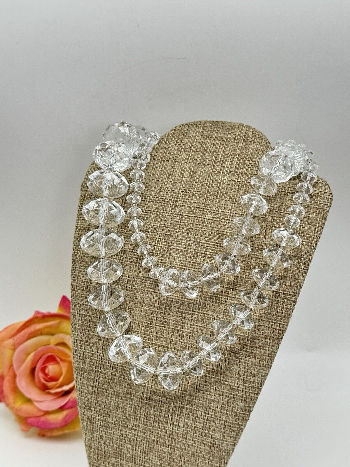Joan RIVERS CLEAR Lucite Faceted Bead Necklace ca.33”l ESTATE FIND