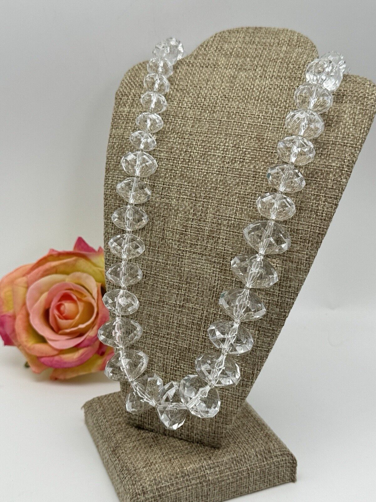 Joan RIVERS CLEAR Lucite Faceted Bead Necklace ca.33”l ESTATE FIND
