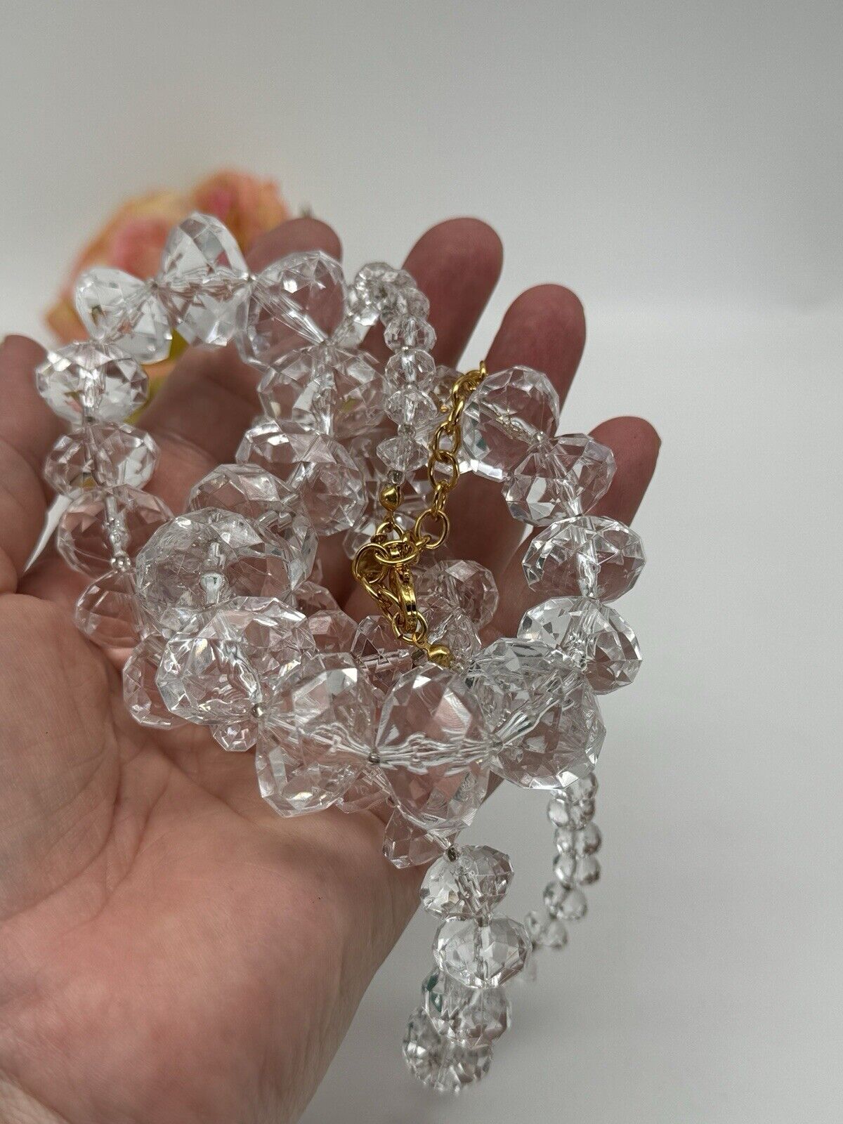 Joan RIVERS CLEAR Lucite Faceted Bead Necklace ca.33”l ESTATE FIND