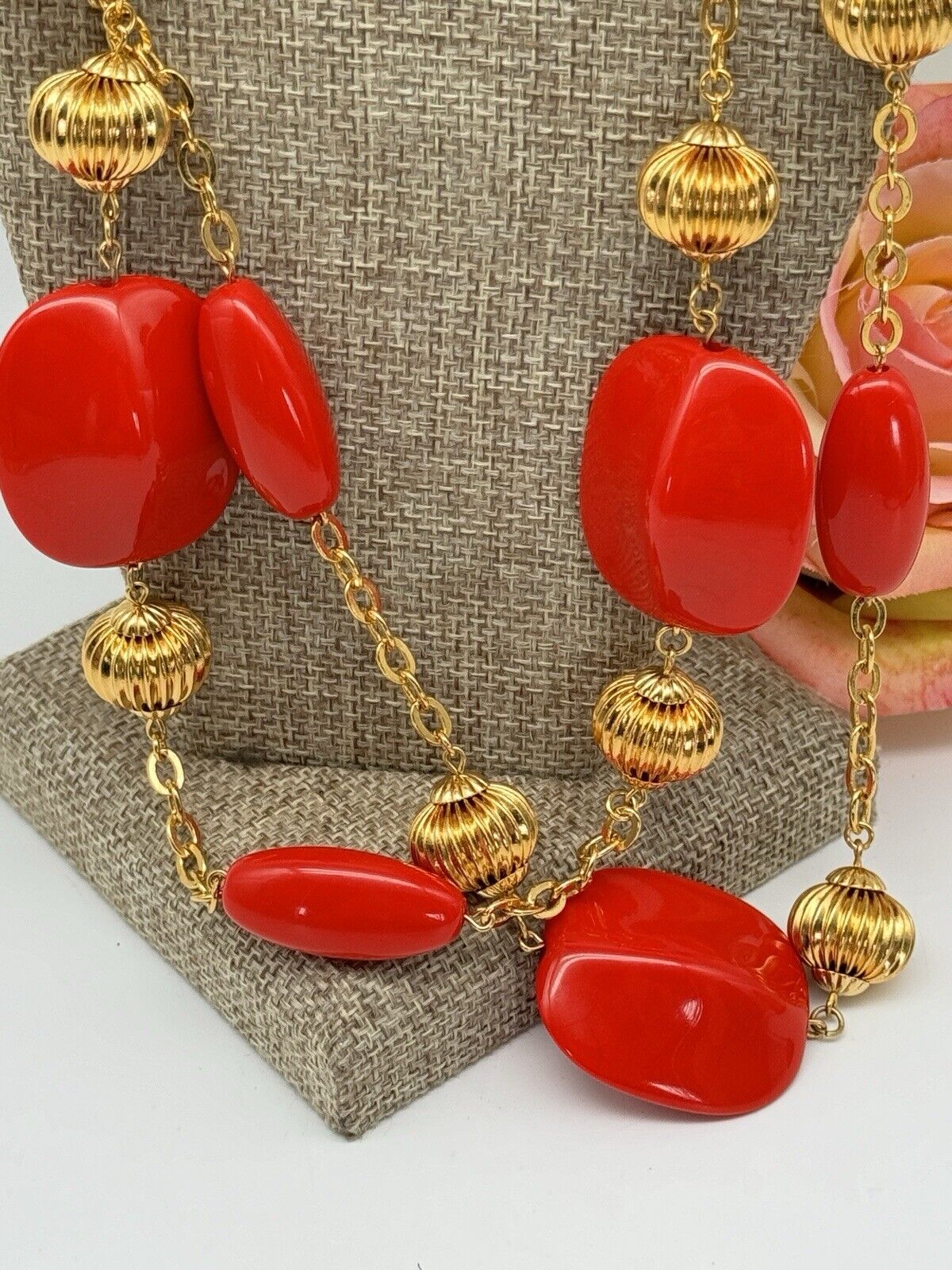 JOAN RIVERS Gold-tone LANTERN Bead RED Lucite Station Necklace Estate Find