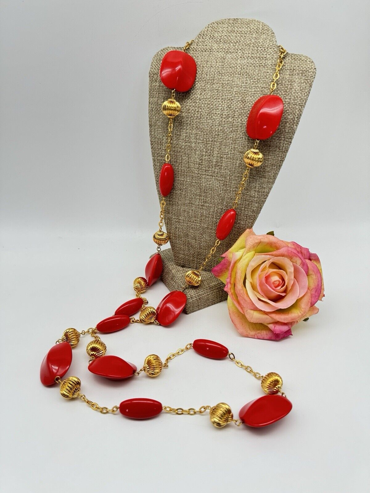 JOAN RIVERS Gold-tone LANTERN Bead RED Lucite Station Necklace Estate Find