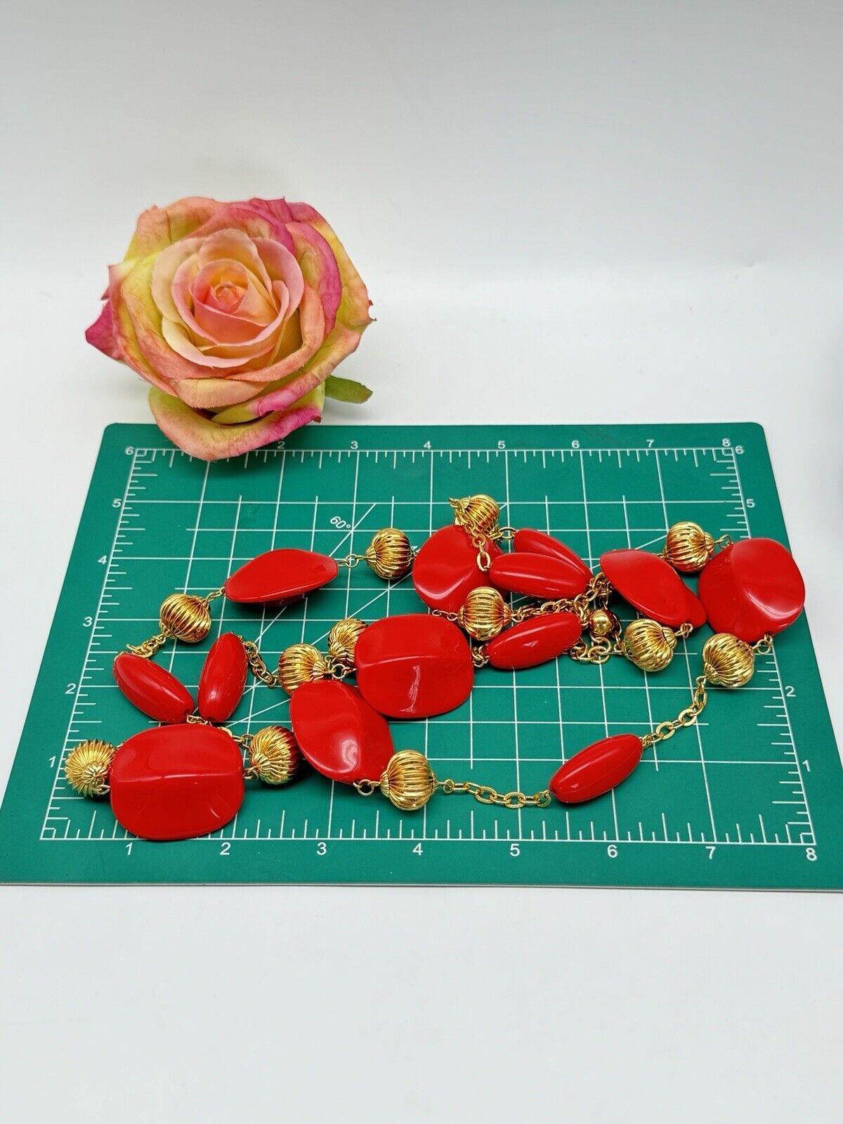 JOAN RIVERS Gold-tone LANTERN Bead RED Lucite Station Necklace Estate Find