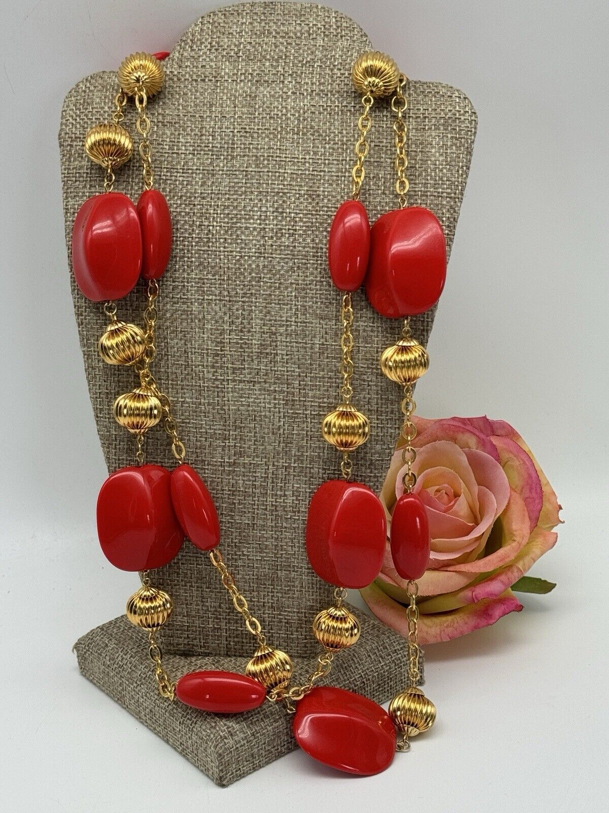 JOAN RIVERS Gold-tone LANTERN Bead RED Lucite Station Necklace Estate Find