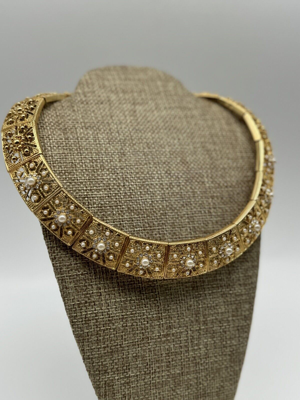 Cleopatra Style Gold-Tone Filigree Faux Pearl Rhinestone Choker ESTATE FIND