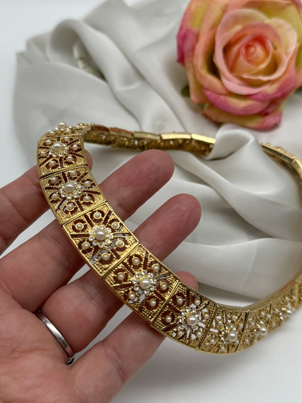 Cleopatra Style Gold-Tone Filigree Faux Pearl Rhinestone Choker ESTATE FIND