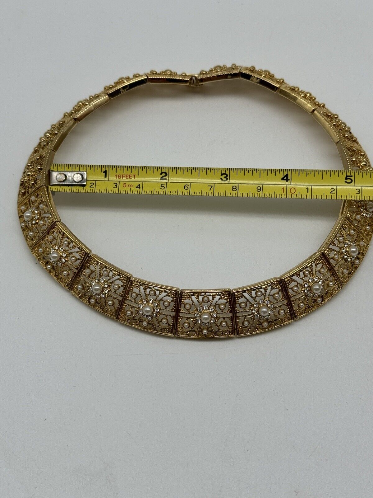 Cleopatra Style Gold-Tone Filigree Faux Pearl Rhinestone Choker ESTATE FIND