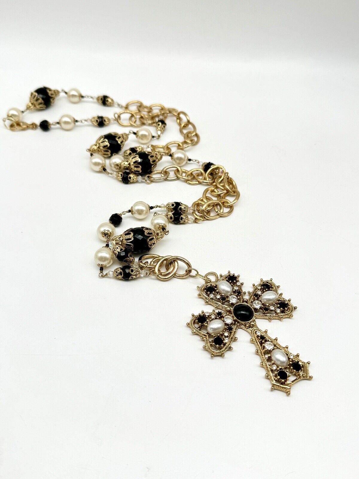 Vintage Gold-Tone Black Rhinestone Faux Pearl Cross On Long 46” Necklace