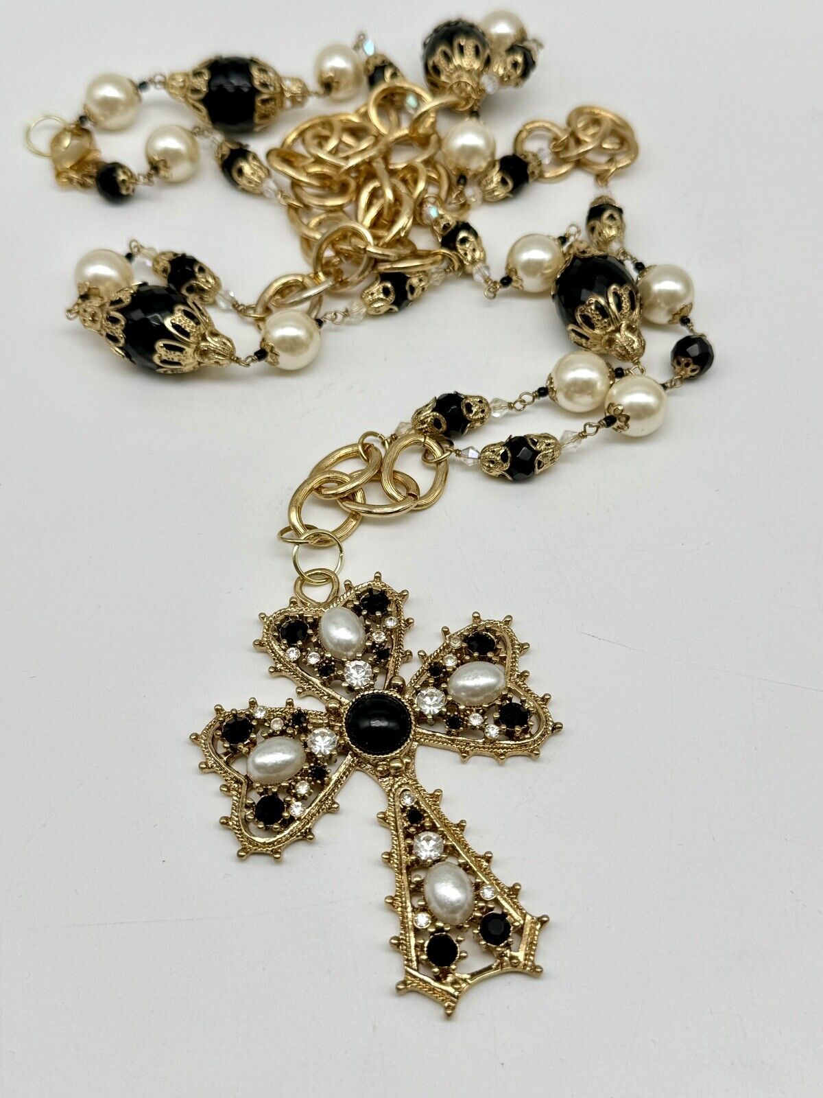 Vintage Gold-Tone Black Rhinestone Faux Pearl Cross On Long 46” Necklace