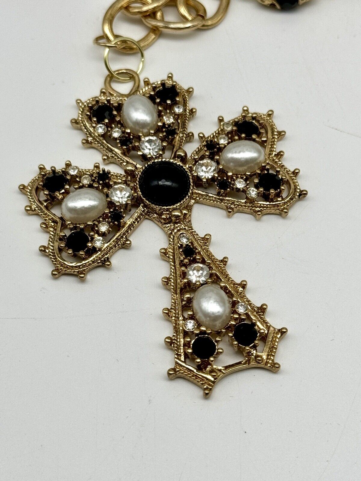 Vintage Gold-Tone Black Rhinestone Faux Pearl Cross On Long 46” Necklace