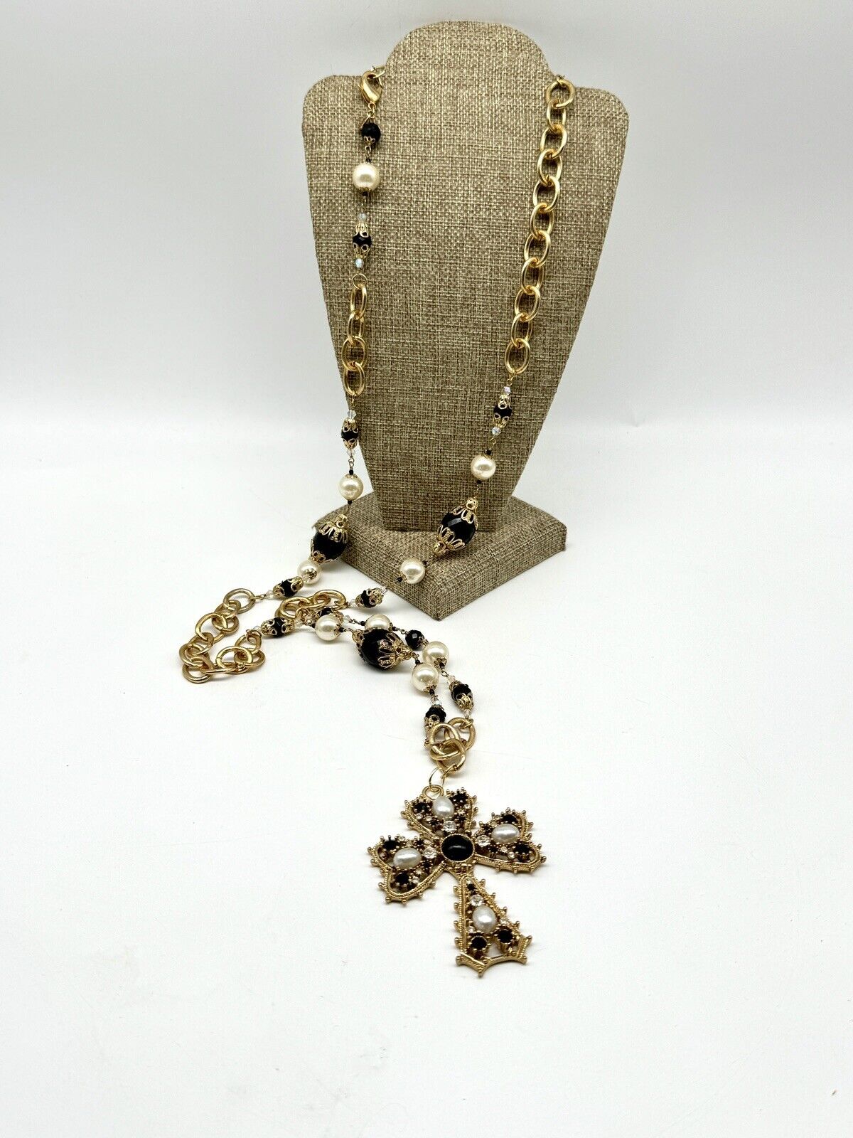 Vintage Gold-Tone Black Rhinestone Faux Pearl Cross On Long 46” Necklace