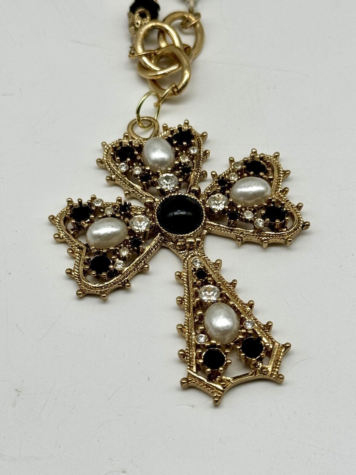 Vintage Gold-Tone Black Rhinestone Faux Pearl Cross On Long 46” Necklace