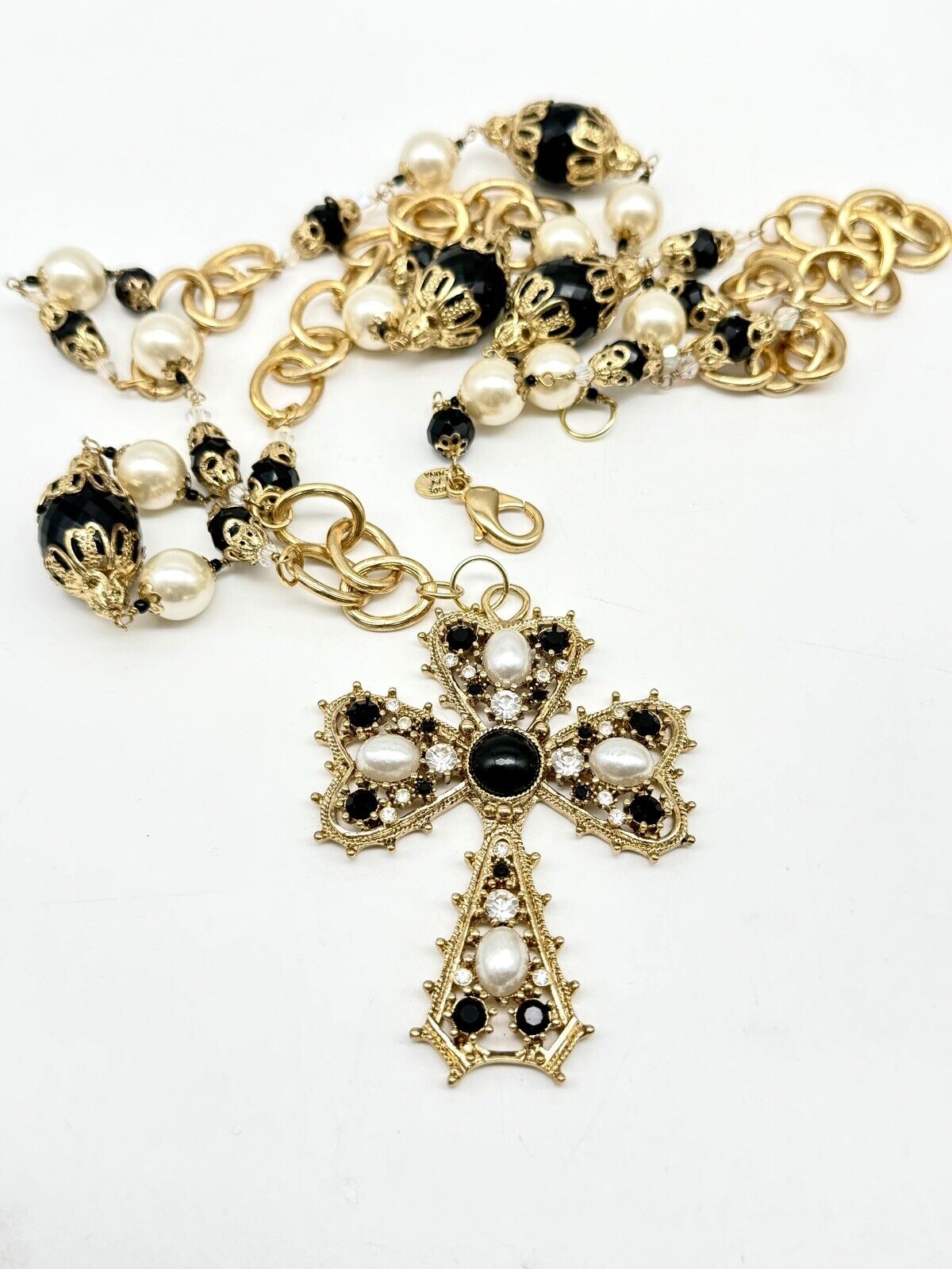 Vintage Gold-Tone Black Rhinestone Faux Pearl Cross On Long 46” Necklace