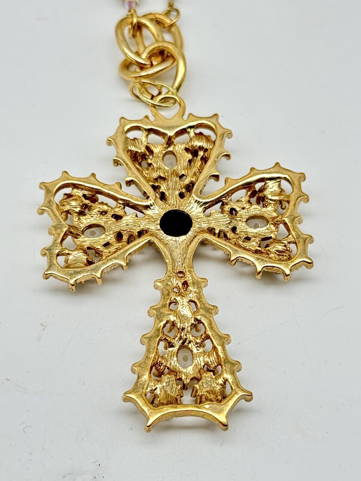 Vintage Gold-Tone Black Rhinestone Faux Pearl Cross On Long 46” Necklace