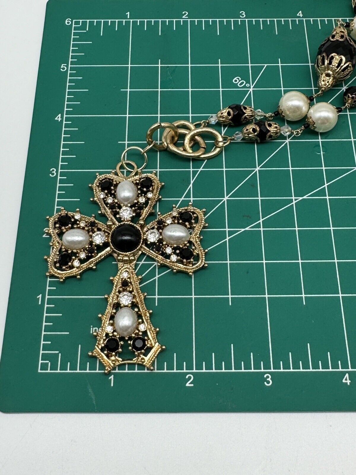 Vintage Gold-Tone Black Rhinestone Faux Pearl Cross On Long 46” Necklace