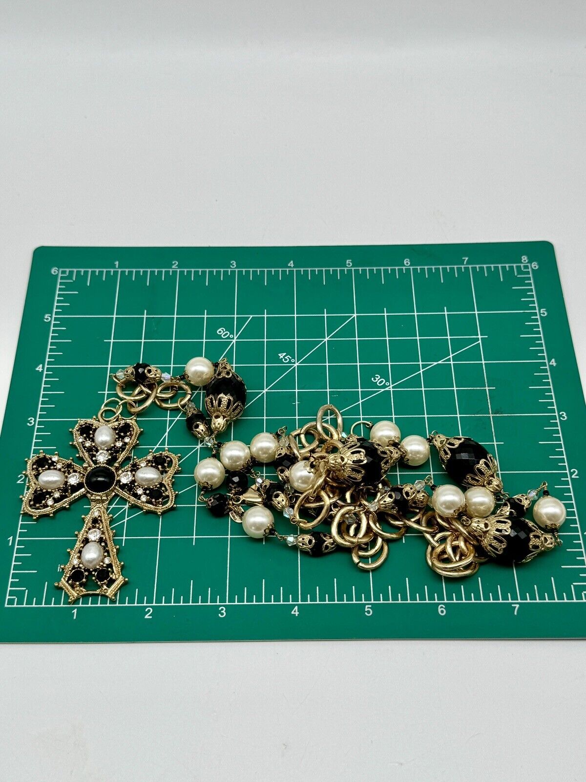 Vintage Gold-Tone Black Rhinestone Faux Pearl Cross On Long 46” Necklace