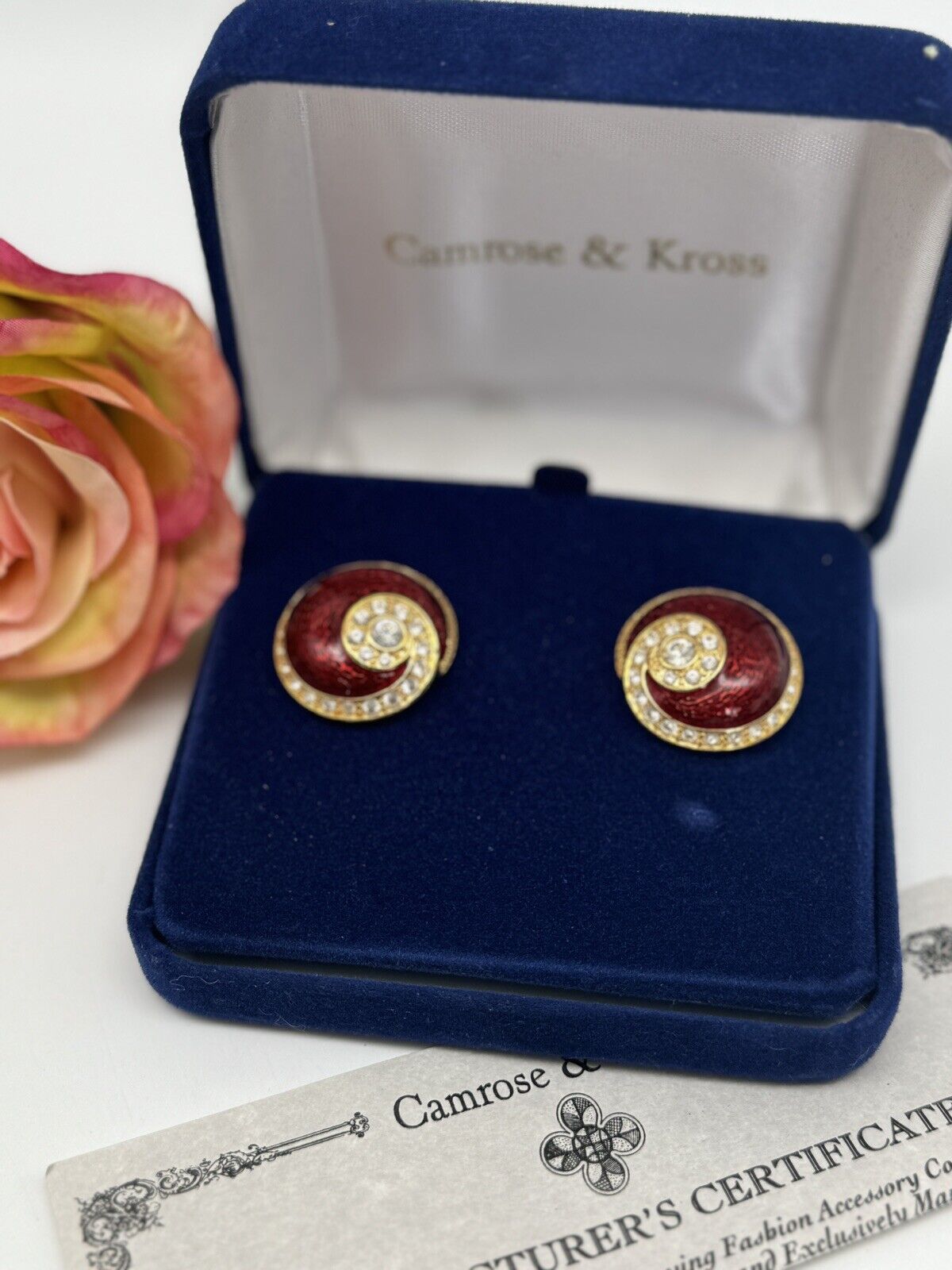 Camrose & Kross JBK Red Clear Rhinestone Gold-Tone Clip On Earrings in BOX