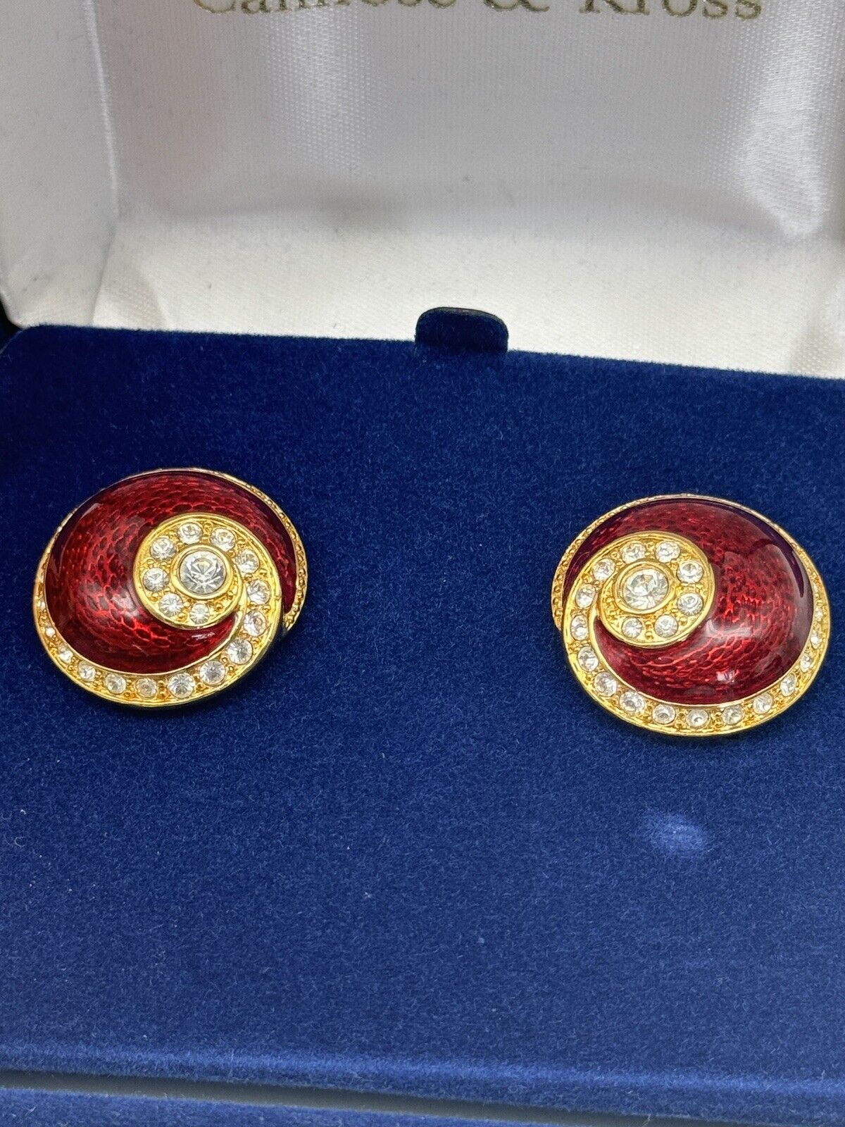 Camrose & Kross JBK Red Clear Rhinestone Gold-Tone Clip On Earrings in BOX