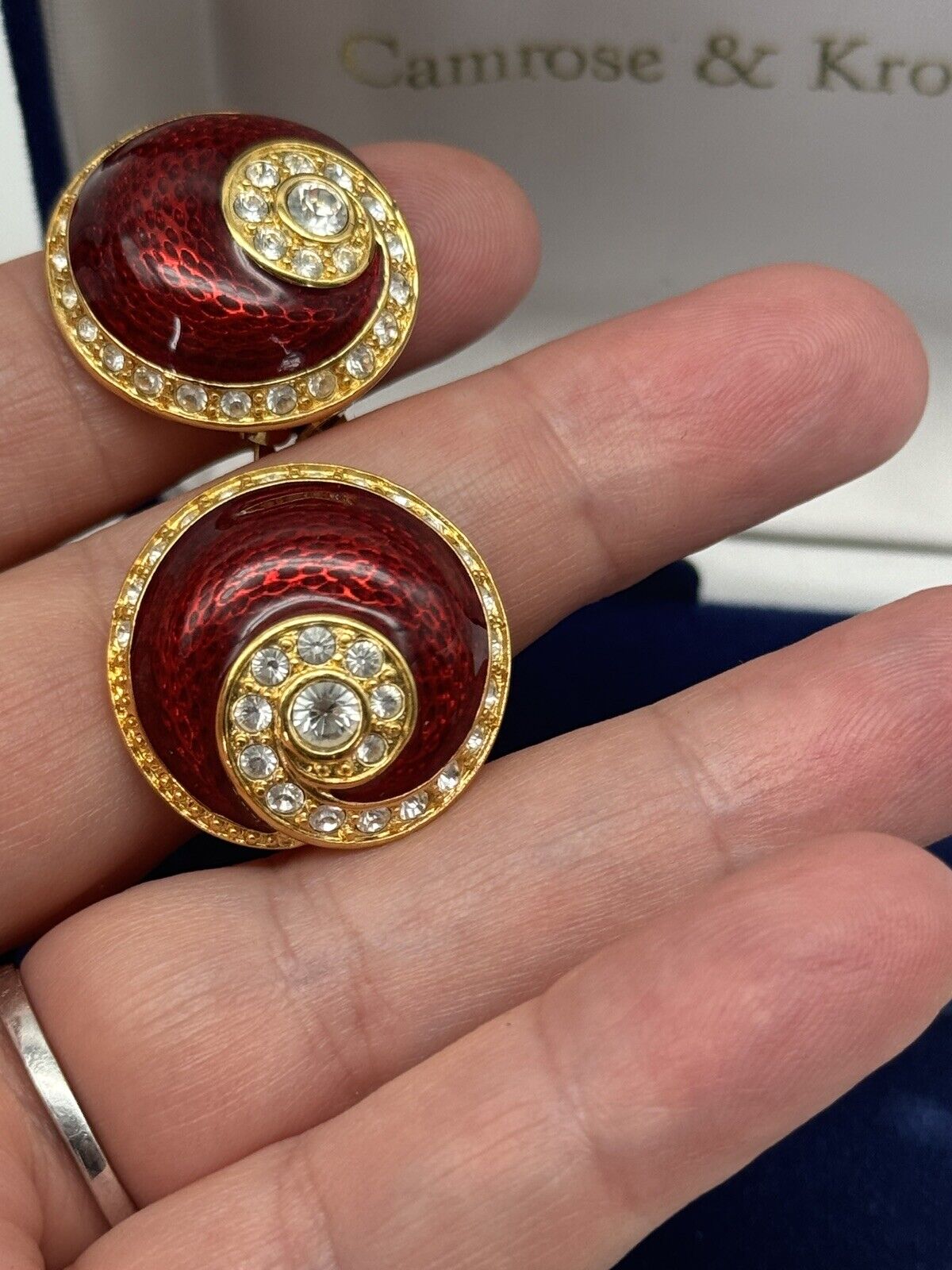 Camrose & Kross JBK Red Clear Rhinestone Gold-Tone Clip On Earrings in BOX