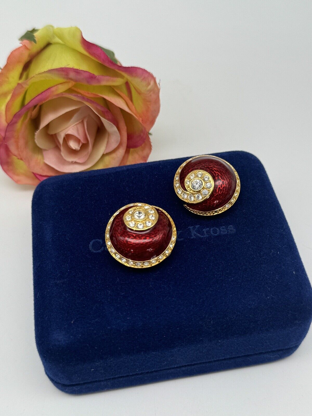 Camrose & Kross JBK Red Clear Rhinestone Gold-Tone Clip On Earrings in BOX