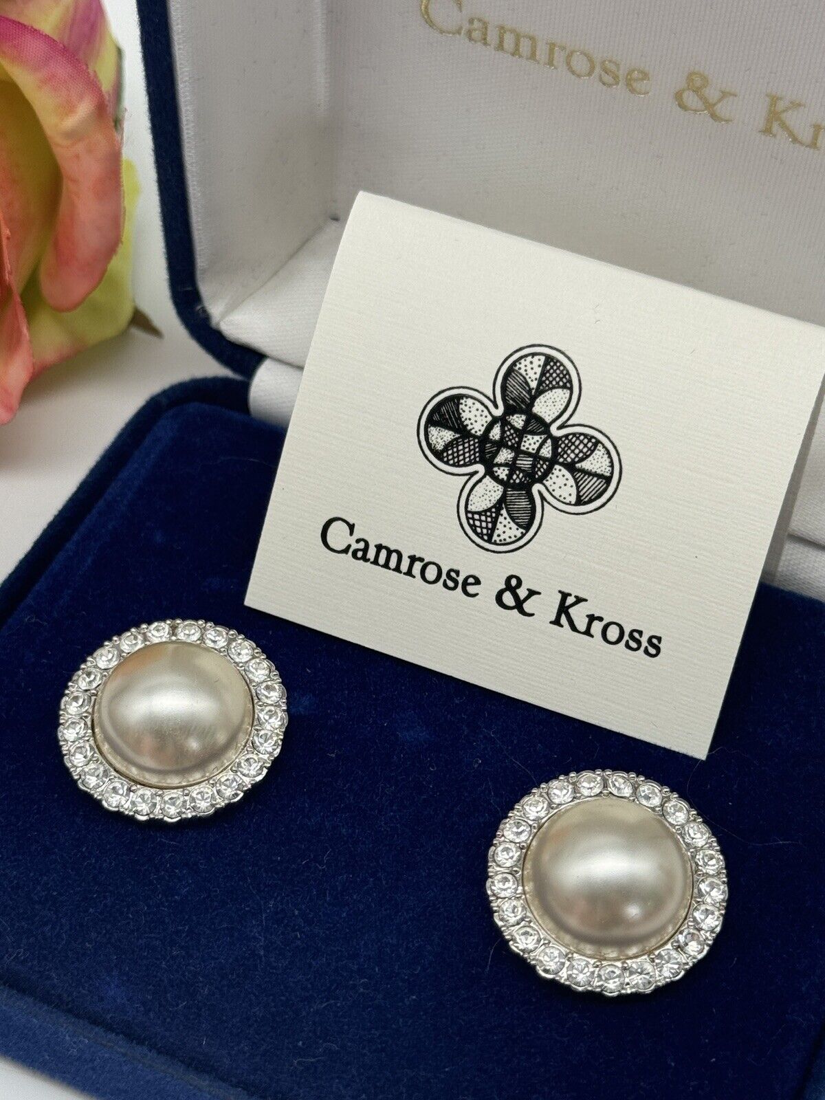 Vintage Camrose & Kross Pearl Stone Earrings ESTATE FIND in Box