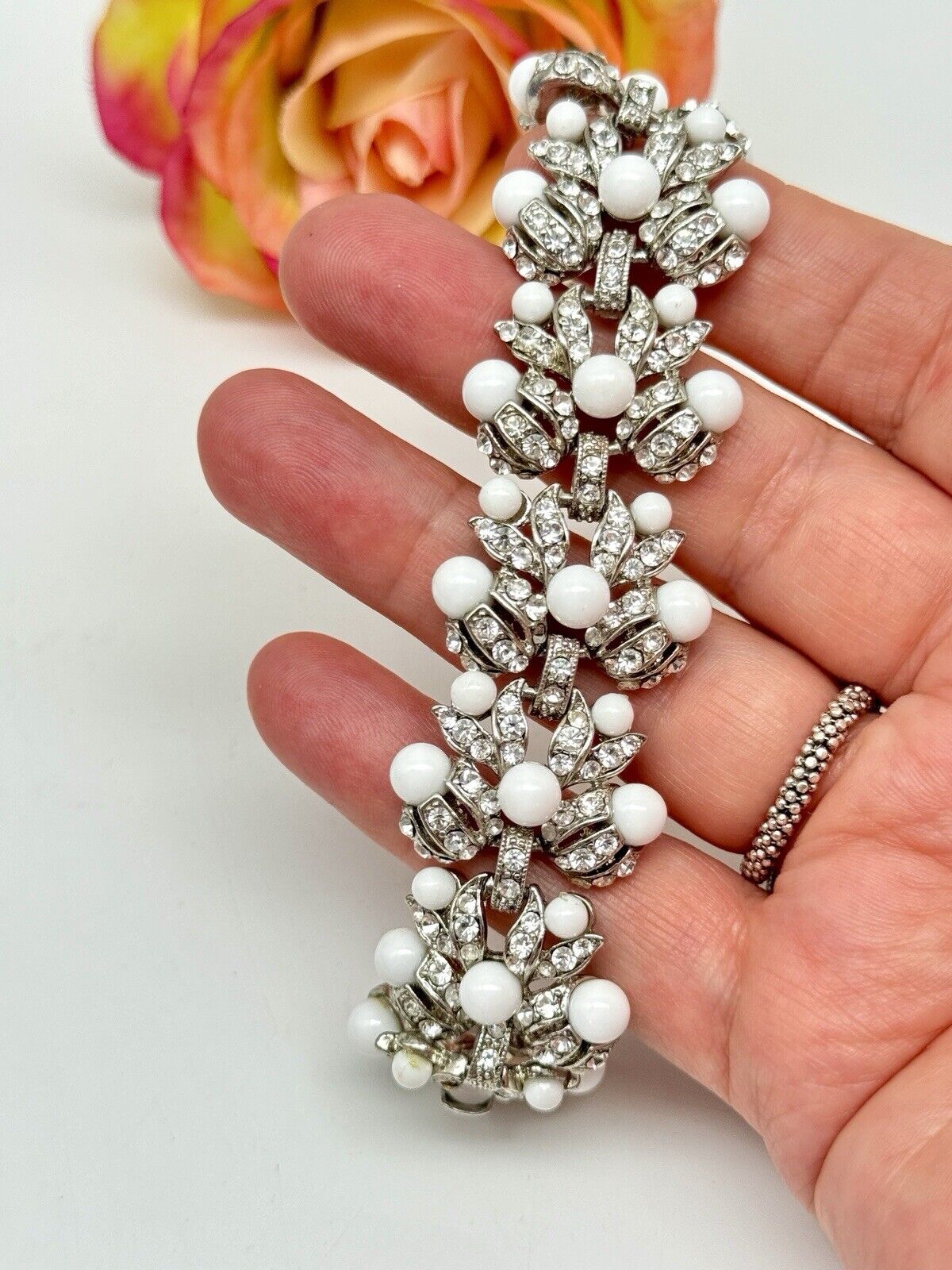 Vintage SIGNED Graziano White Bead Clear Rhinestone Silver-Tone Bracelet