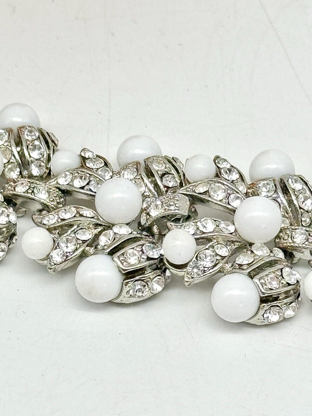 Vintage SIGNED Graziano White Bead Clear Rhinestone Silver-Tone Bracelet