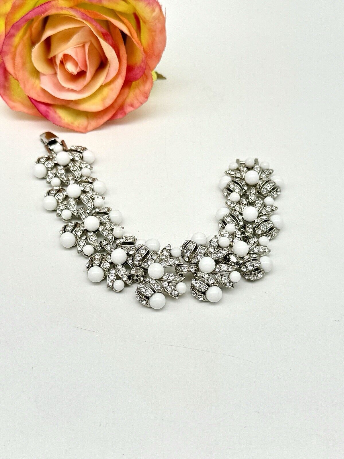 Vintage SIGNED Graziano White Bead Clear Rhinestone Silver-Tone Bracelet