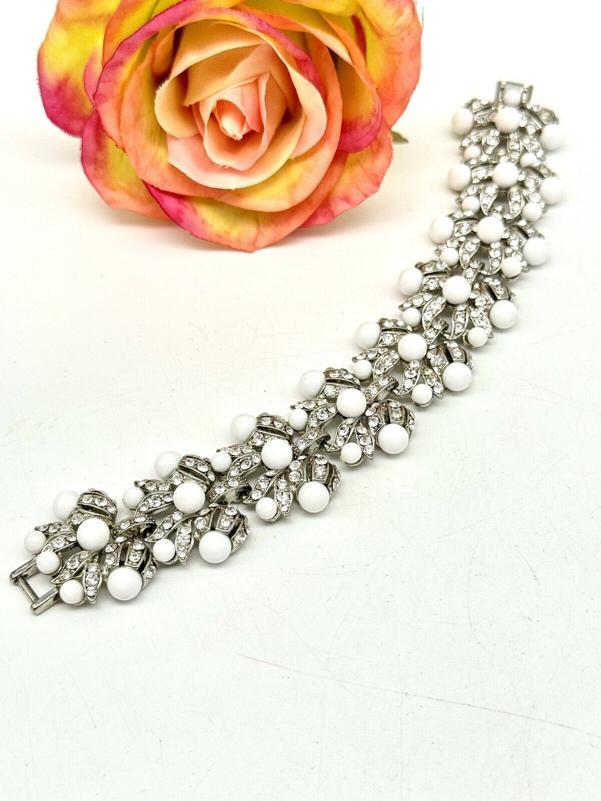 Vintage SIGNED Graziano White Bead Clear Rhinestone Silver-Tone Bracelet