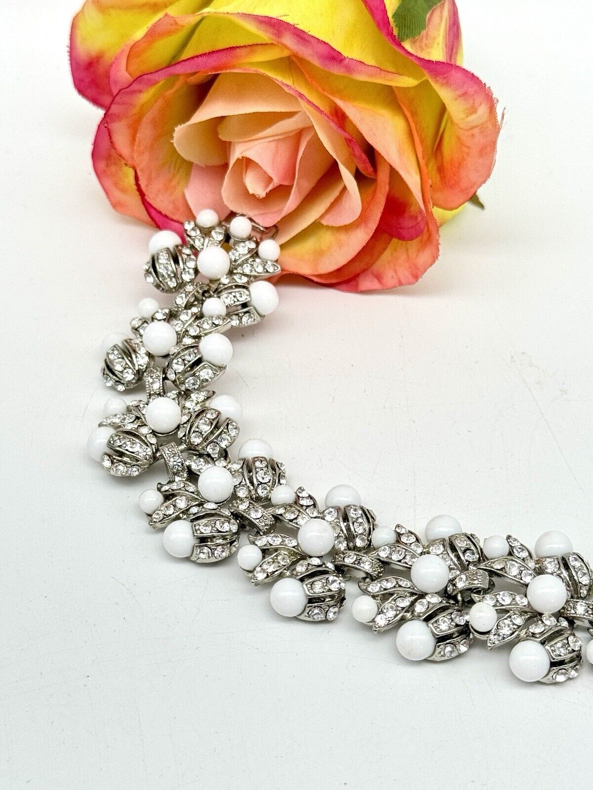 Vintage SIGNED Graziano White Bead Clear Rhinestone Silver-Tone Bracelet