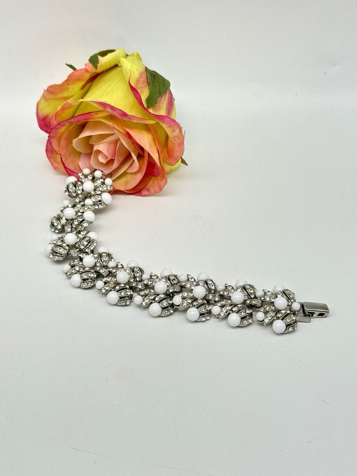 Vintage SIGNED Graziano White Bead Clear Rhinestone Silver-Tone Bracelet