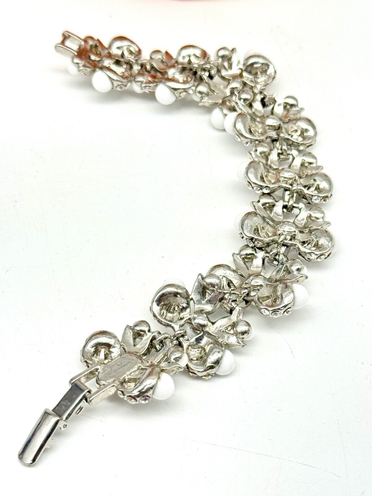 Vintage SIGNED Graziano White Bead Clear Rhinestone Silver-Tone Bracelet