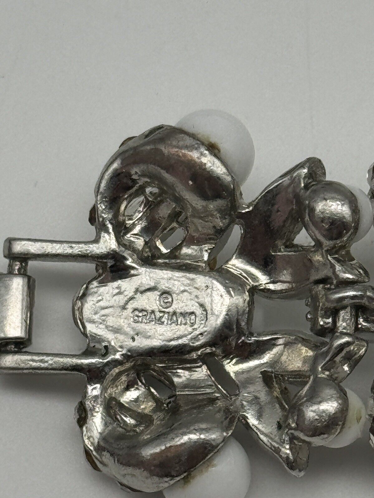 Vintage SIGNED Graziano White Bead Clear Rhinestone Silver-Tone Bracelet
