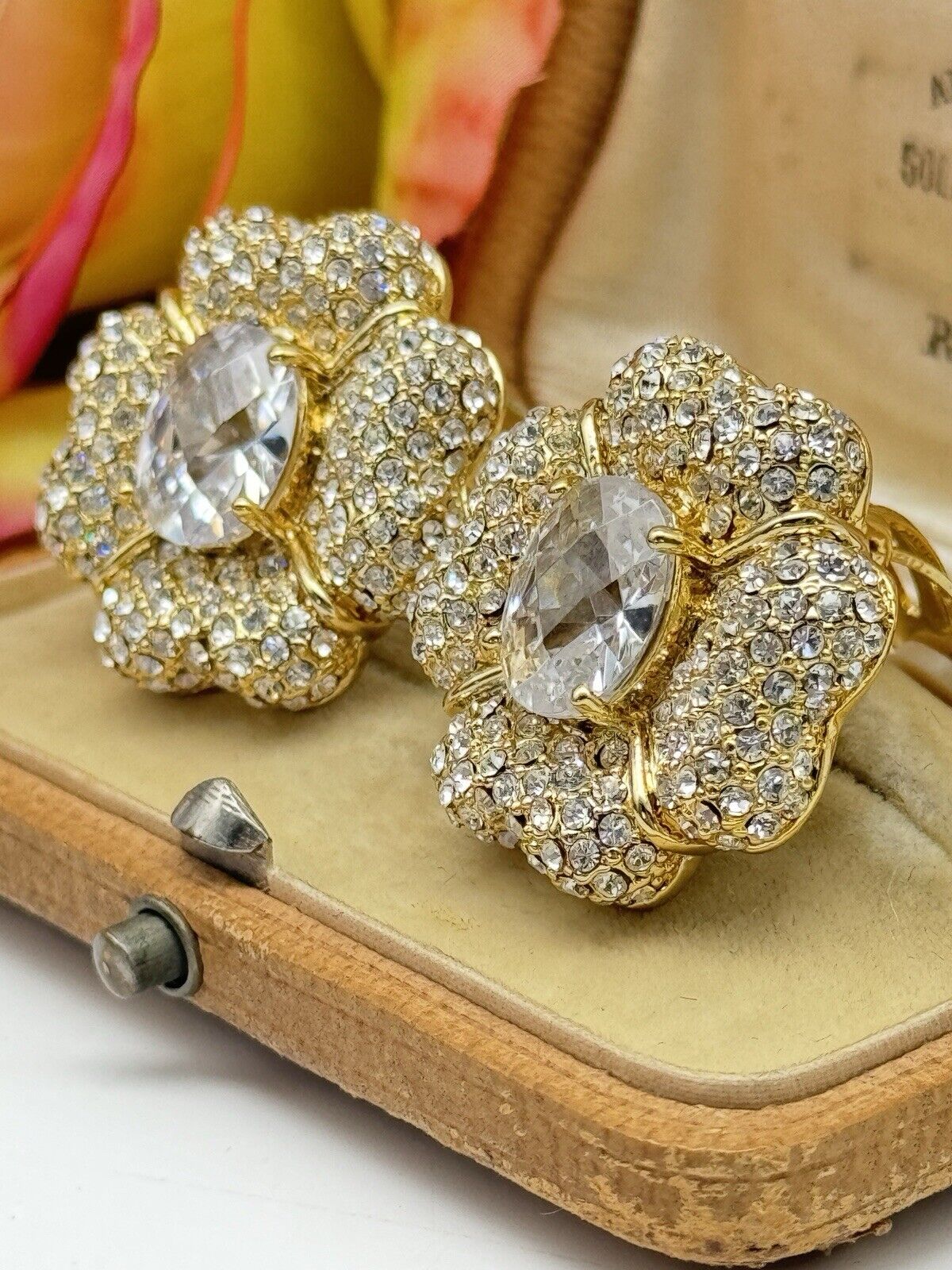 Vintage Joan Boyce Clear Rhinestone Statement Earrings Love Flower ESTATE FIND