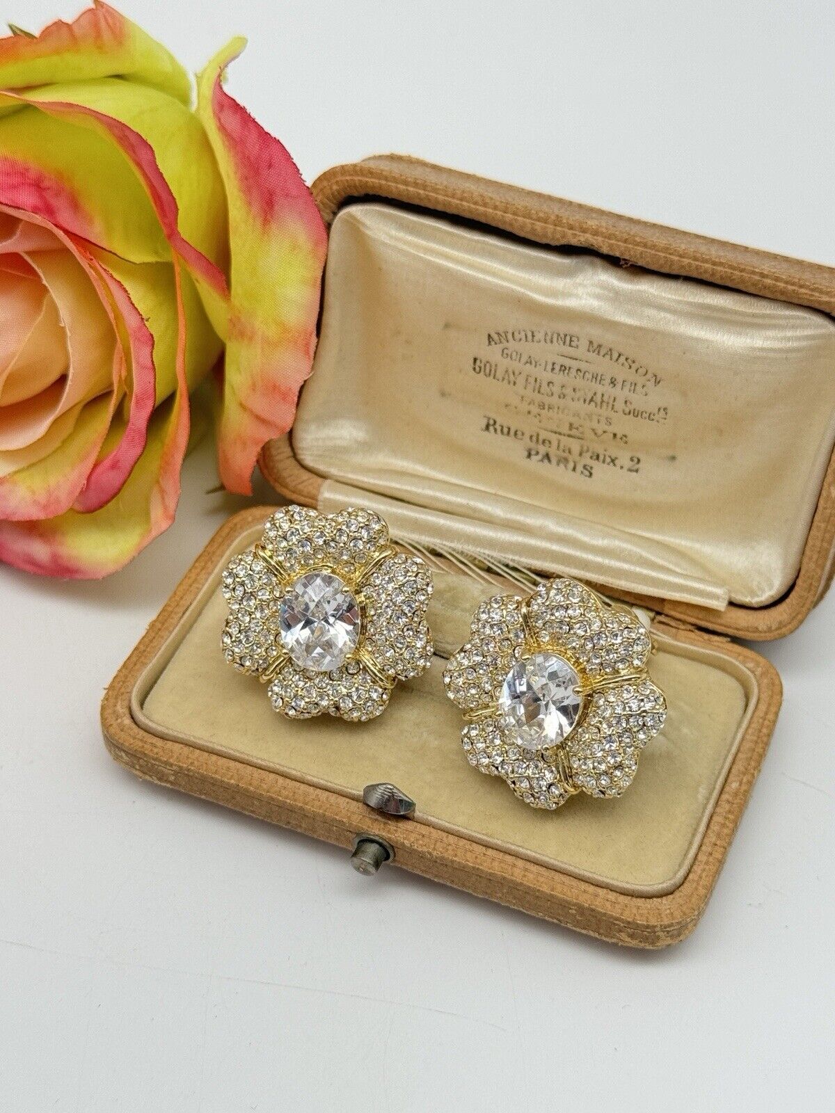Vintage Joan Boyce Clear Rhinestone Statement Earrings Love Flower ESTATE FIND