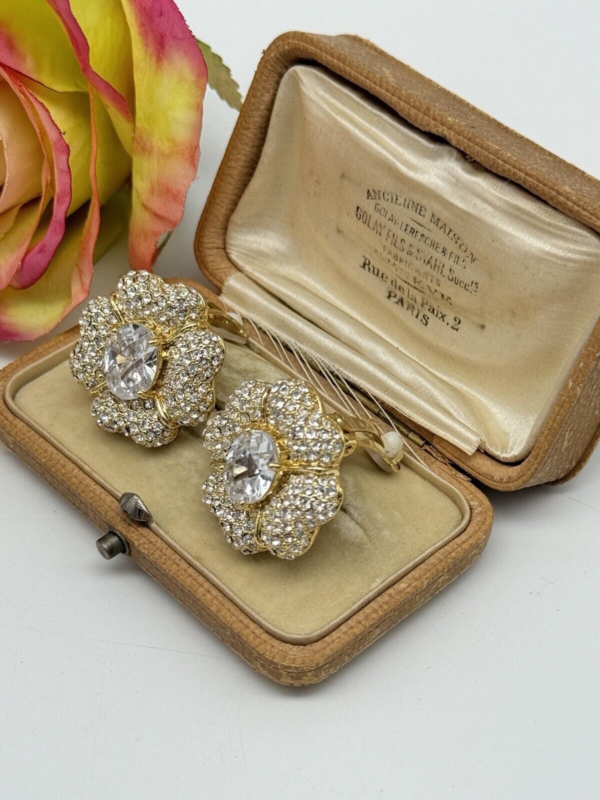 Vintage Joan Boyce Clear Rhinestone Statement Earrings Love Flower ESTATE FIND