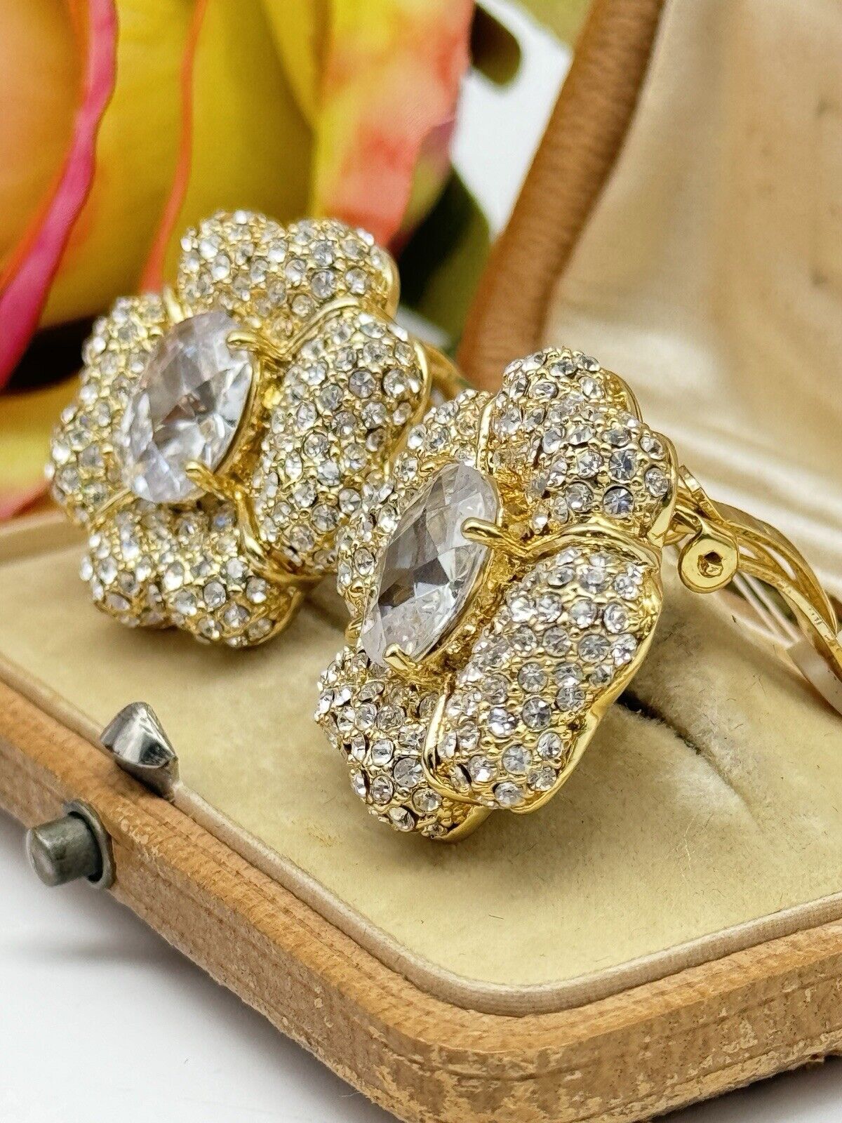 Vintage Joan Boyce Clear Rhinestone Statement Earrings Love Flower ESTATE FIND