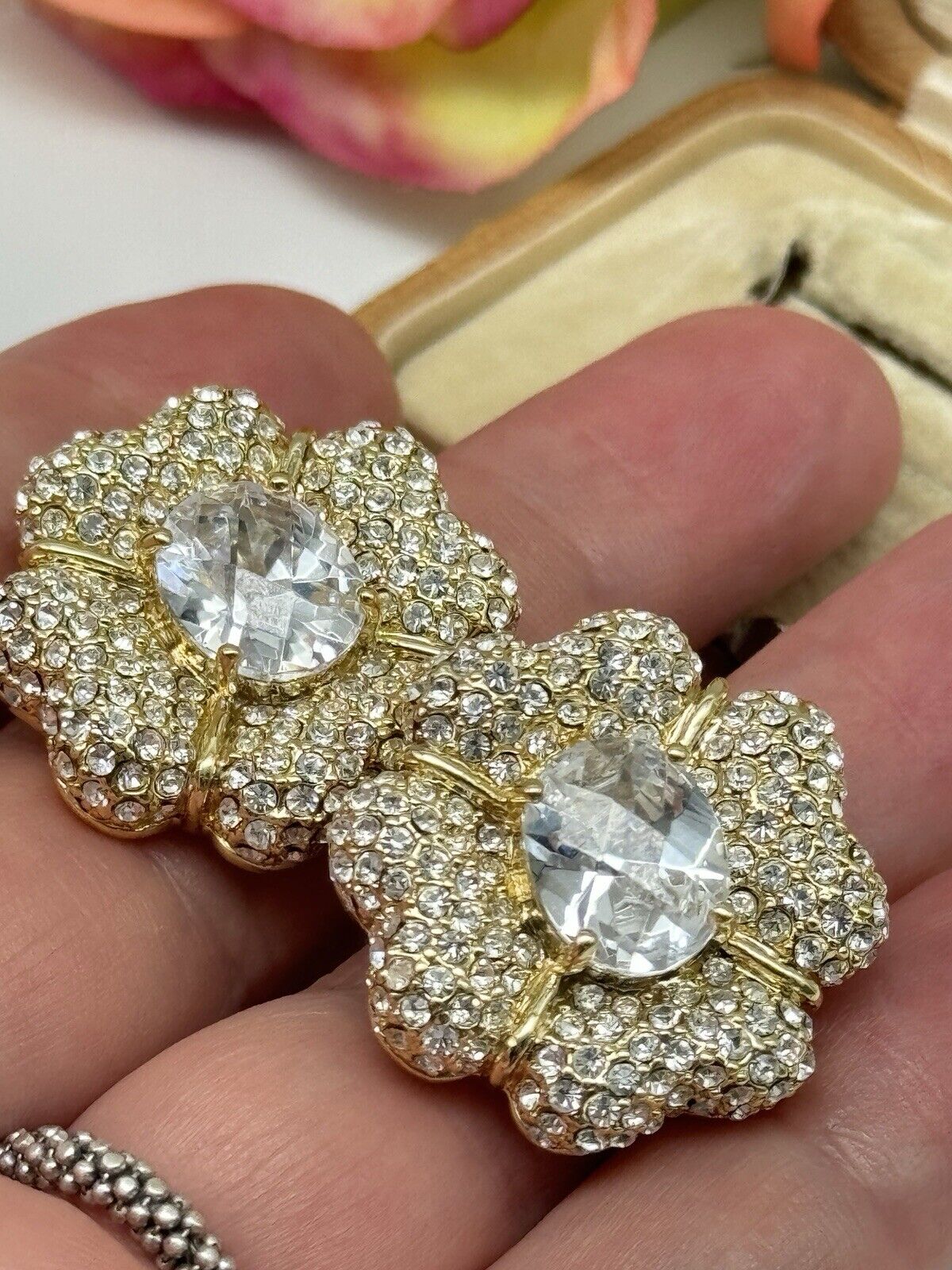 Vintage Joan Boyce Clear Rhinestone Statement Earrings Love Flower ESTATE FIND