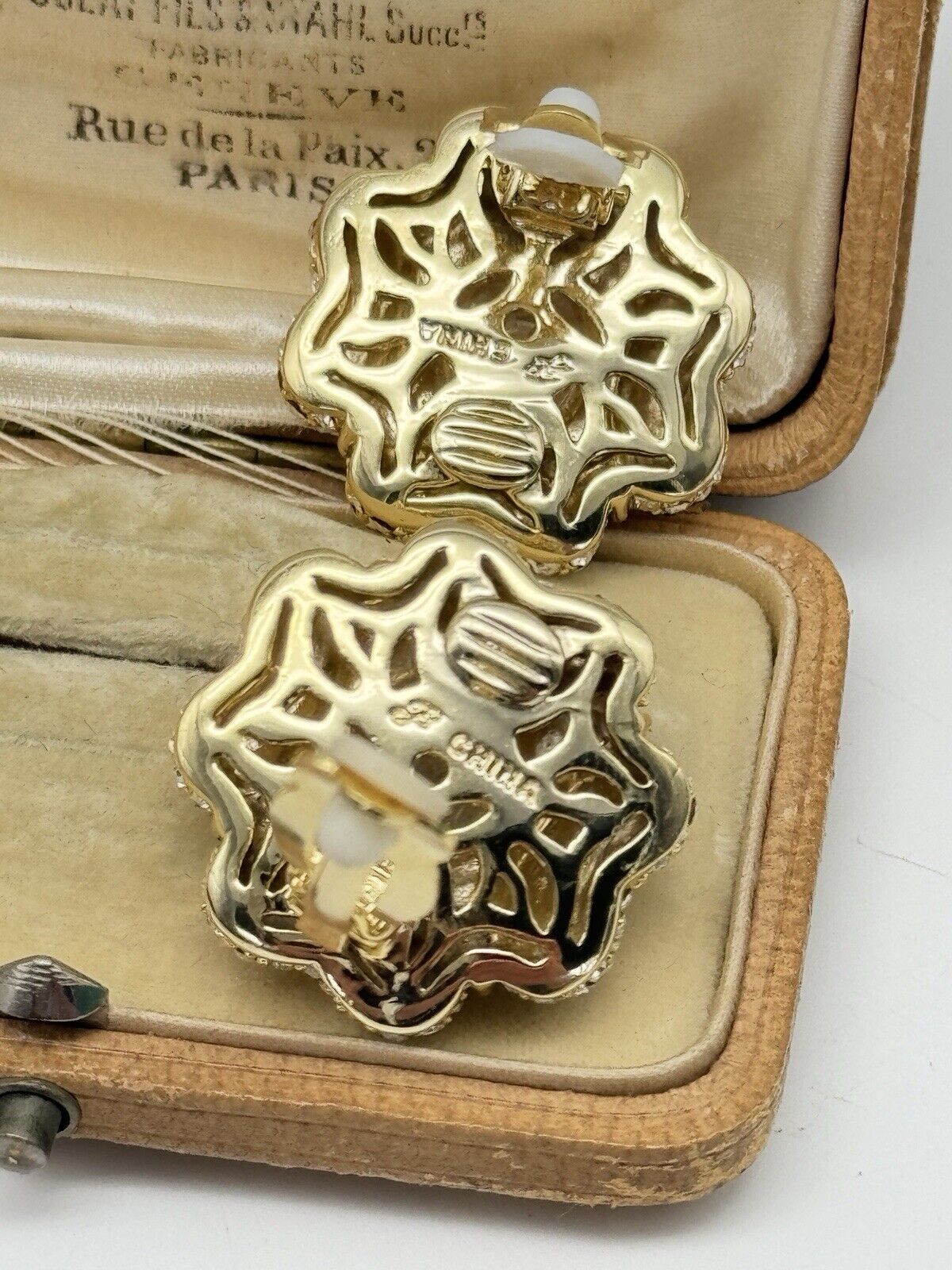 Vintage Joan Boyce Clear Rhinestone Statement Earrings Love Flower ESTATE FIND