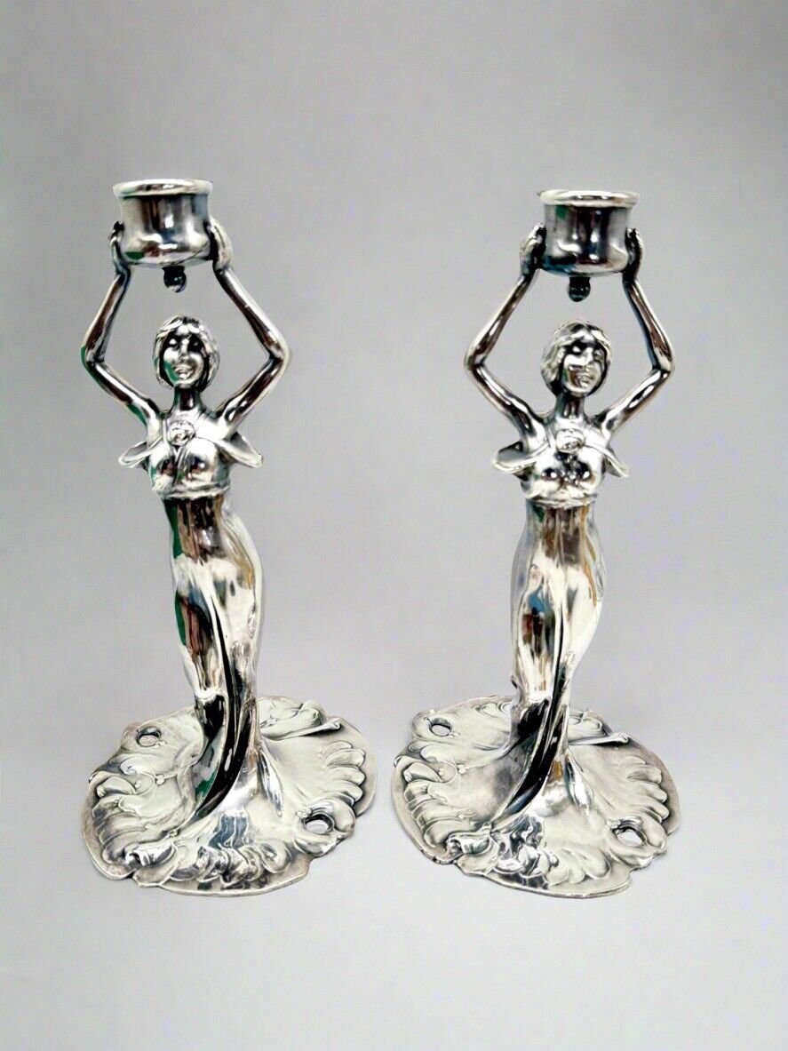 Art Nouveau Style Silver Tone Candle Sticks Ca. 9.5”h Substantial SIGNED J B