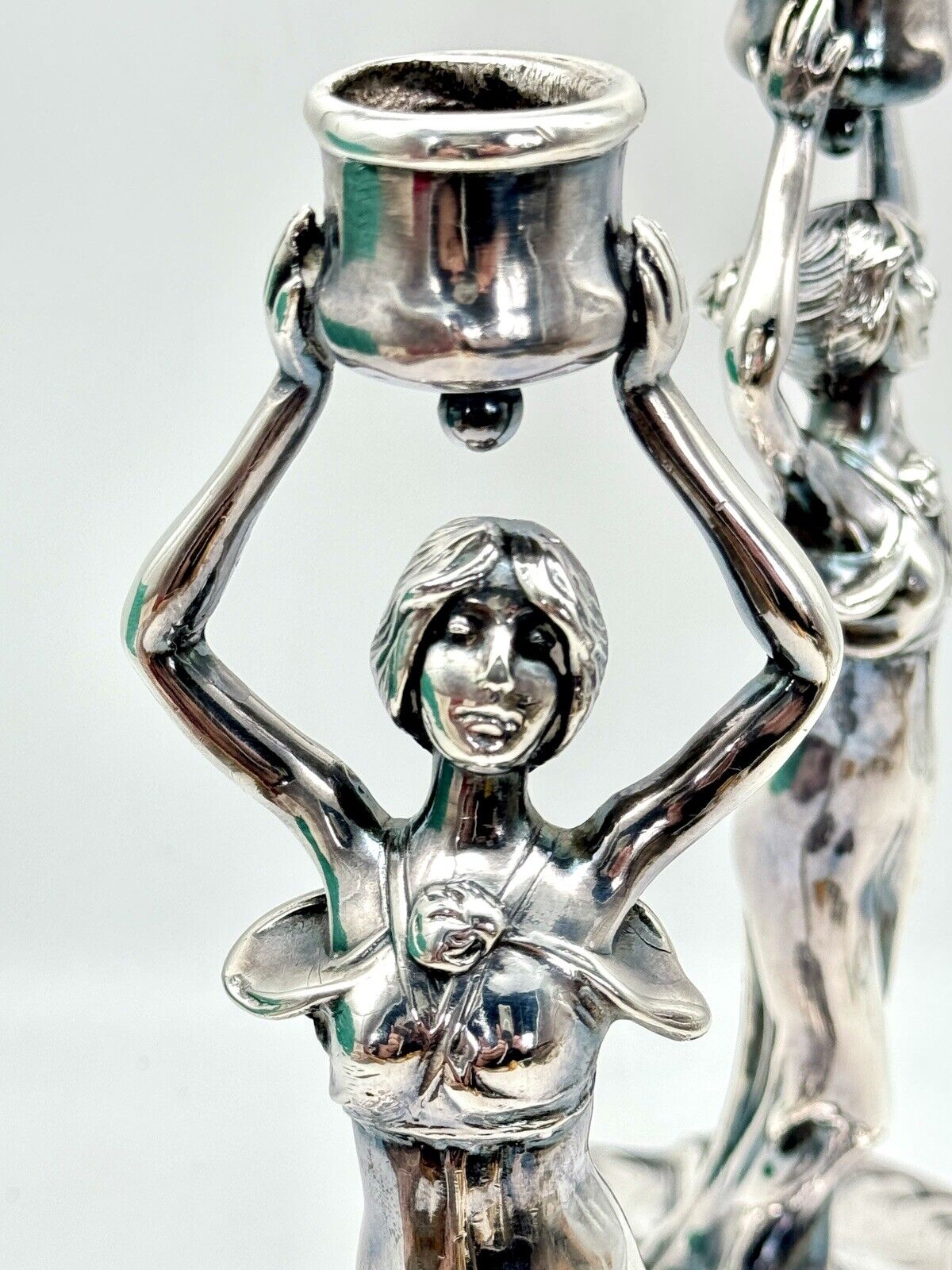 Art Nouveau Style Silver Tone Candle Sticks Ca. 9.5”h Substantial SIGNED J B