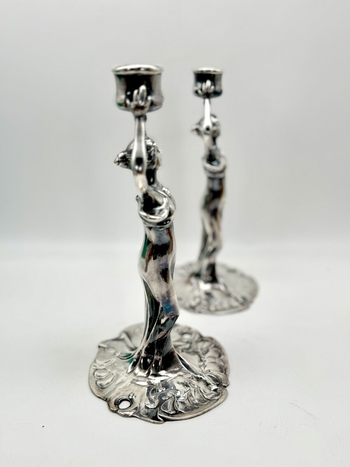 Art Nouveau Style Silver Tone Candle Sticks Ca. 9.5”h Substantial SIGNED J B