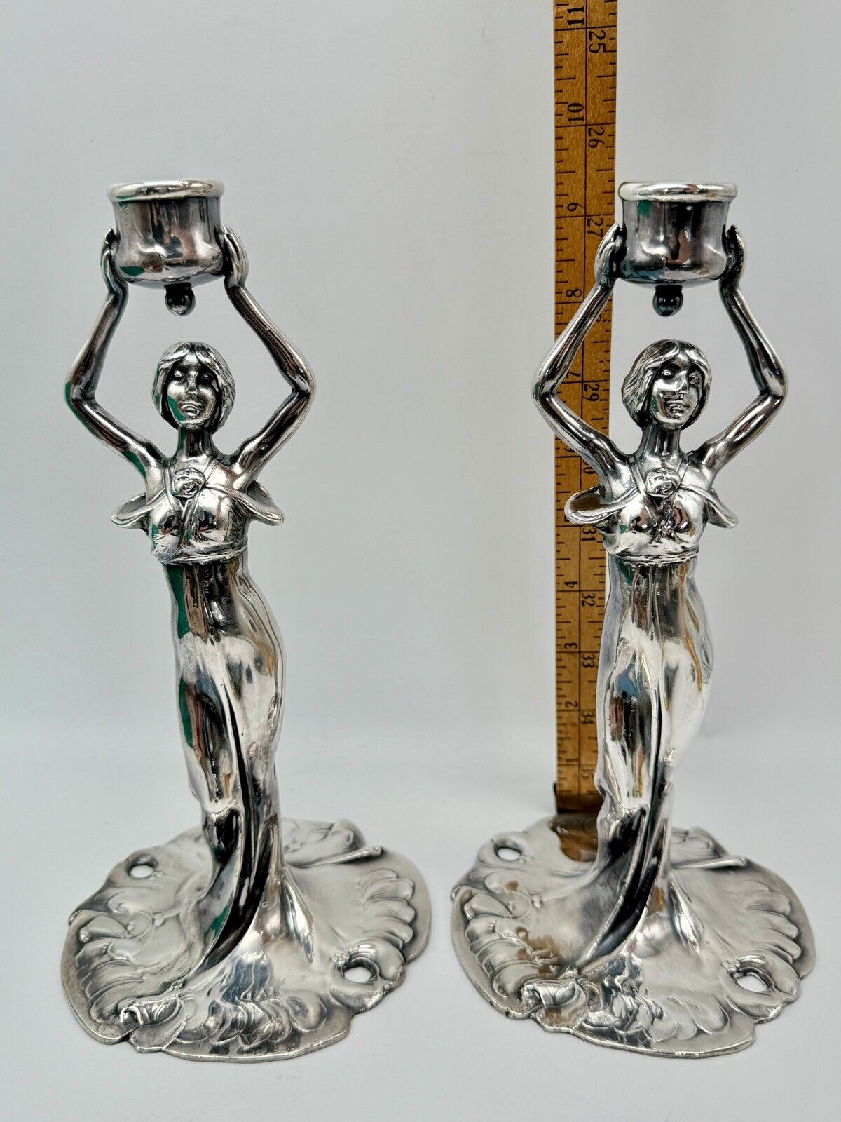 Art Nouveau Style Silver Tone Candle Sticks Ca. 9.5”h Substantial SIGNED J B
