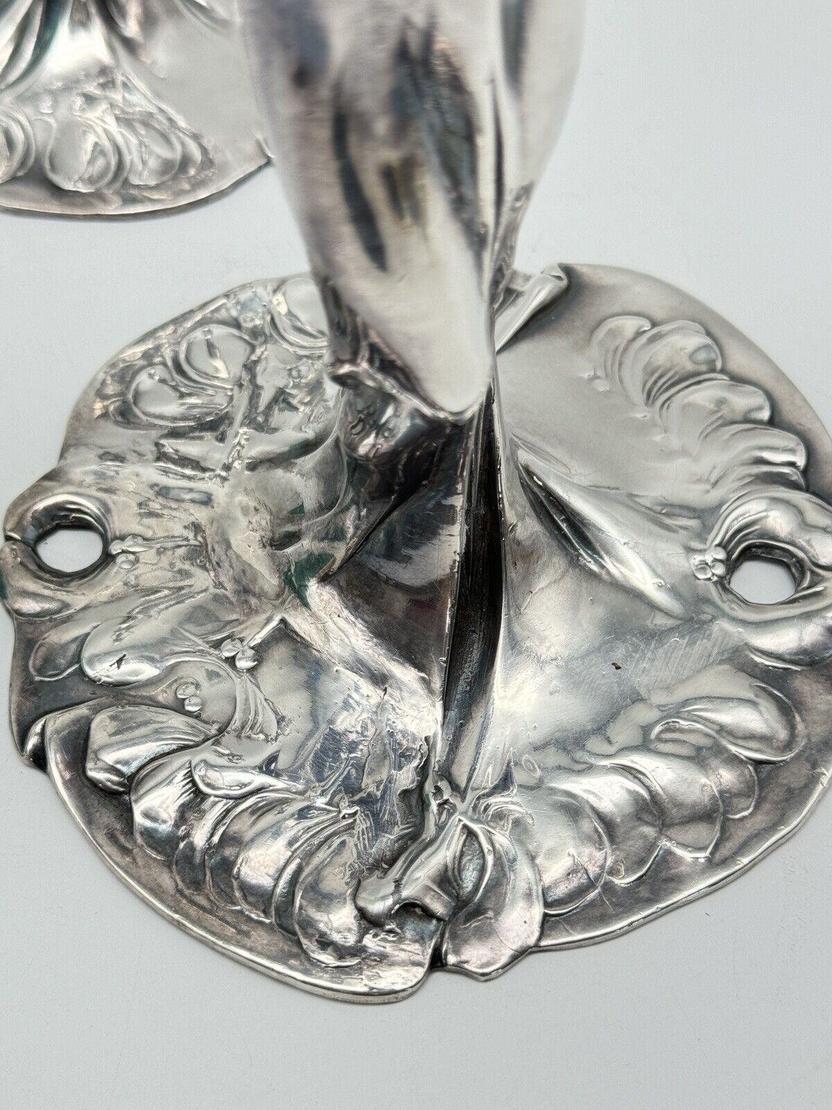 Art Nouveau Style Silver Tone Candle Sticks Ca. 9.5”h Substantial SIGNED J B