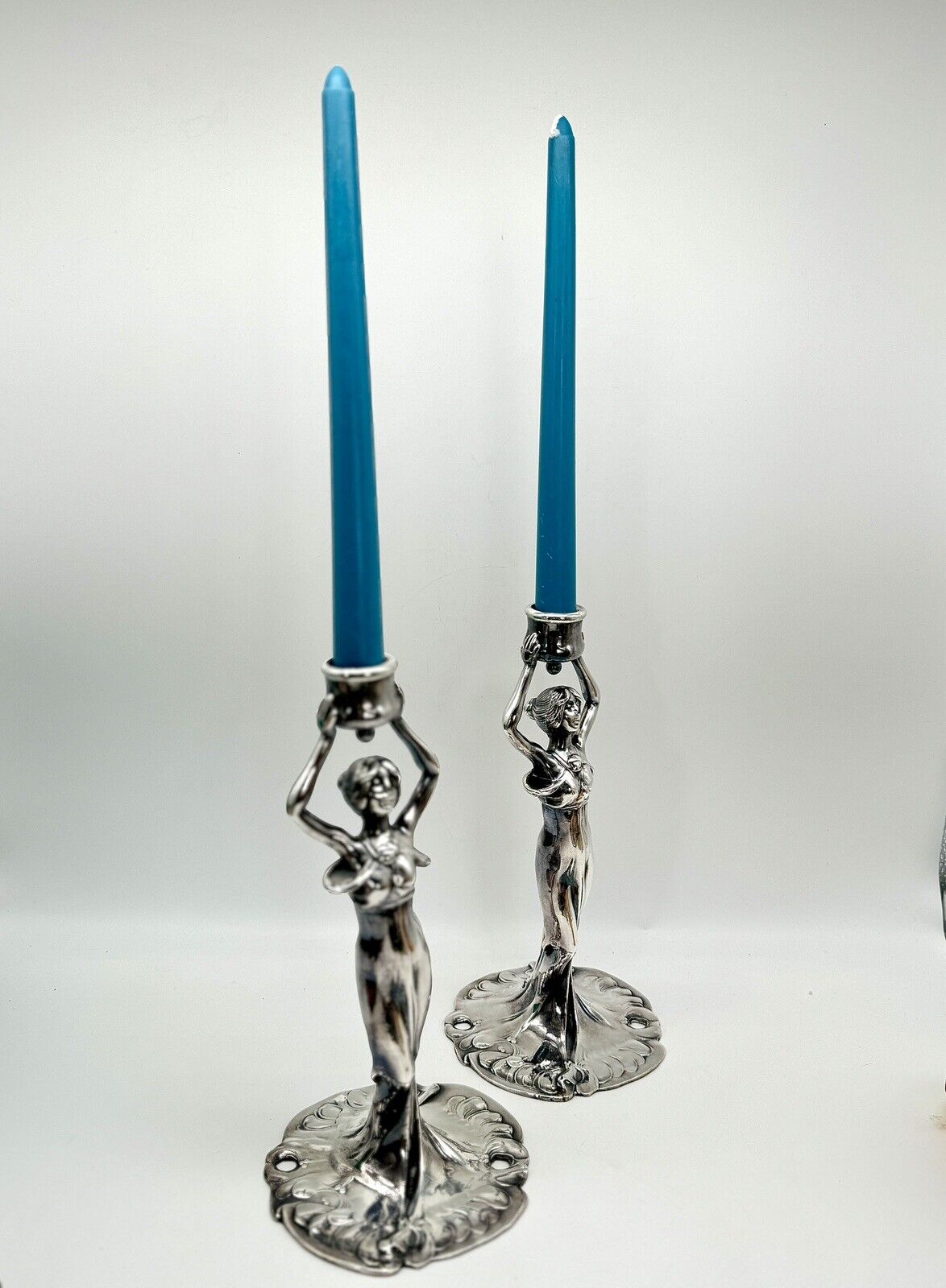 Art Nouveau Style Silver Tone Candle Sticks Ca. 9.5”h Substantial SIGNED J B