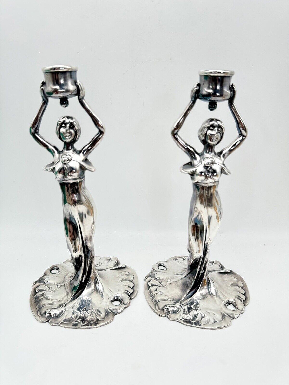 Art Nouveau Style Silver Tone Candle Sticks Ca. 9.5”h Substantial SIGNED J B