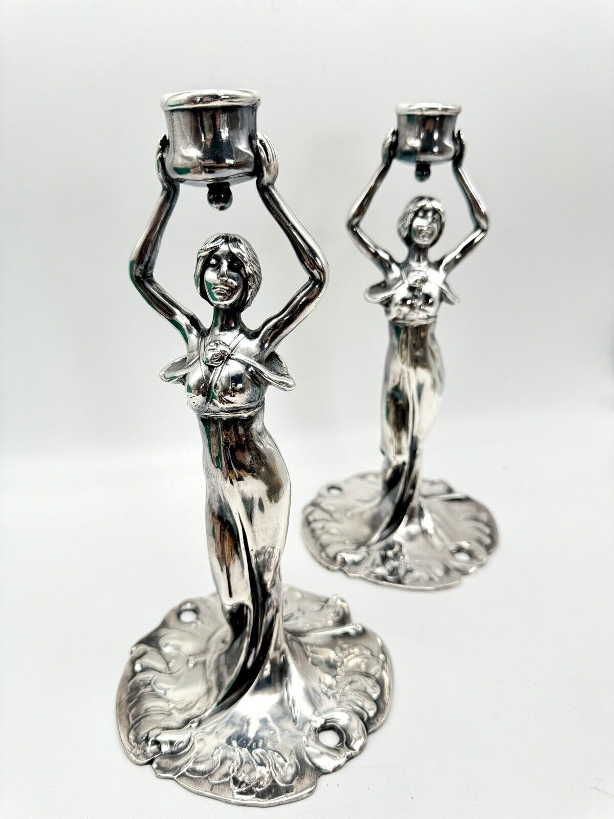 Art Nouveau Style Silver Tone Candle Sticks Ca. 9.5”h Substantial SIGNED J B