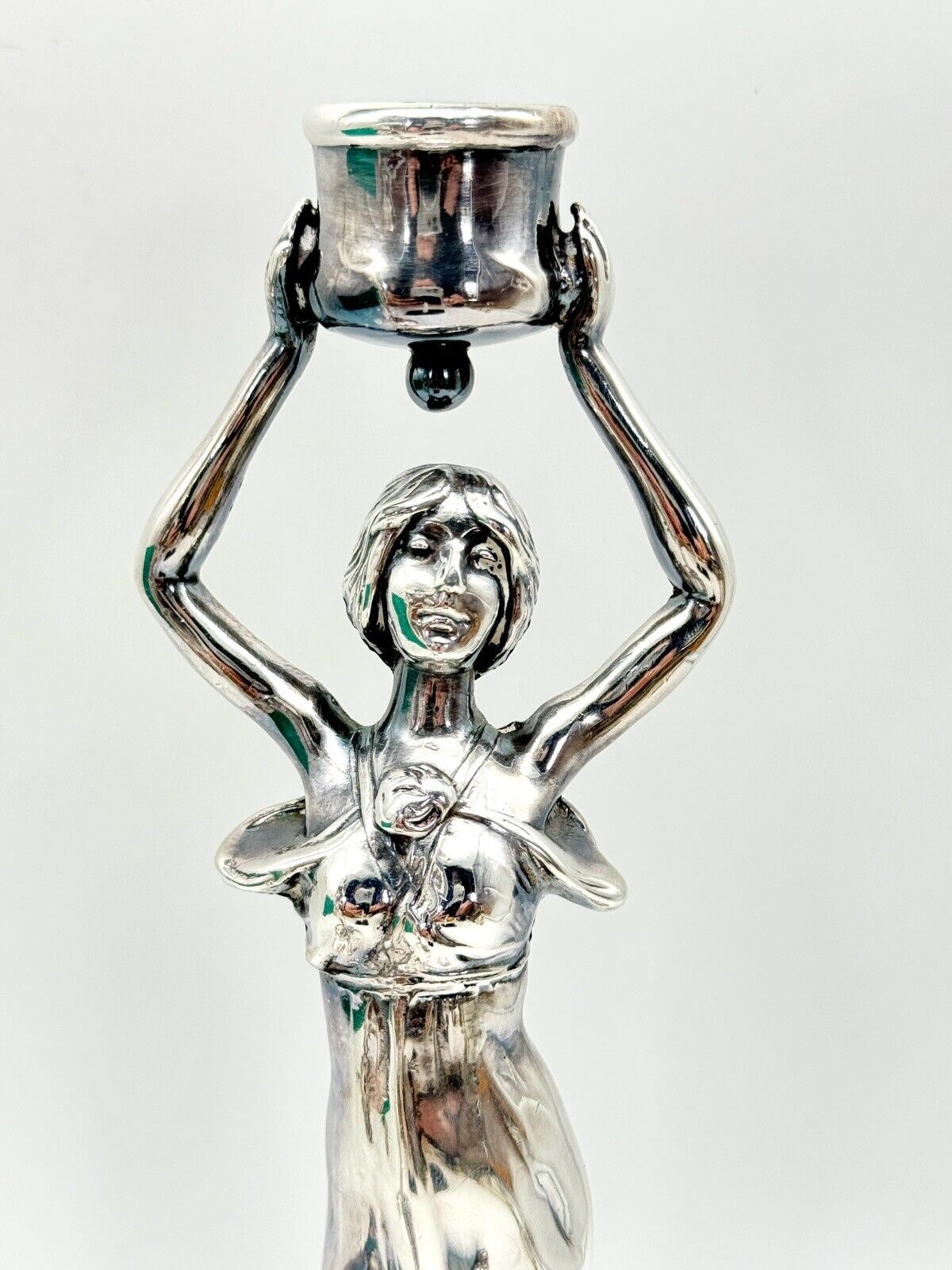 Art Nouveau Style Silver Tone Candle Sticks Ca. 9.5”h Substantial SIGNED J B