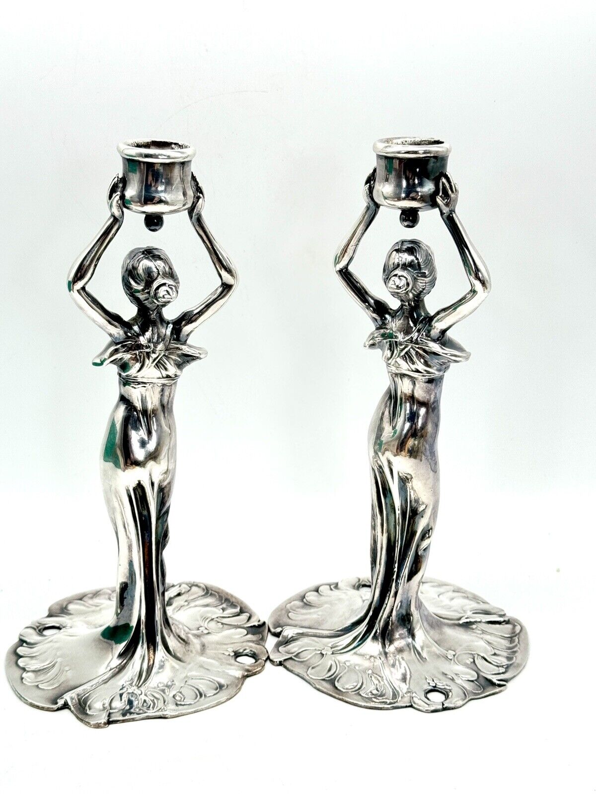 Art Nouveau Style Silver Tone Candle Sticks Ca. 9.5”h Substantial SIGNED J B
