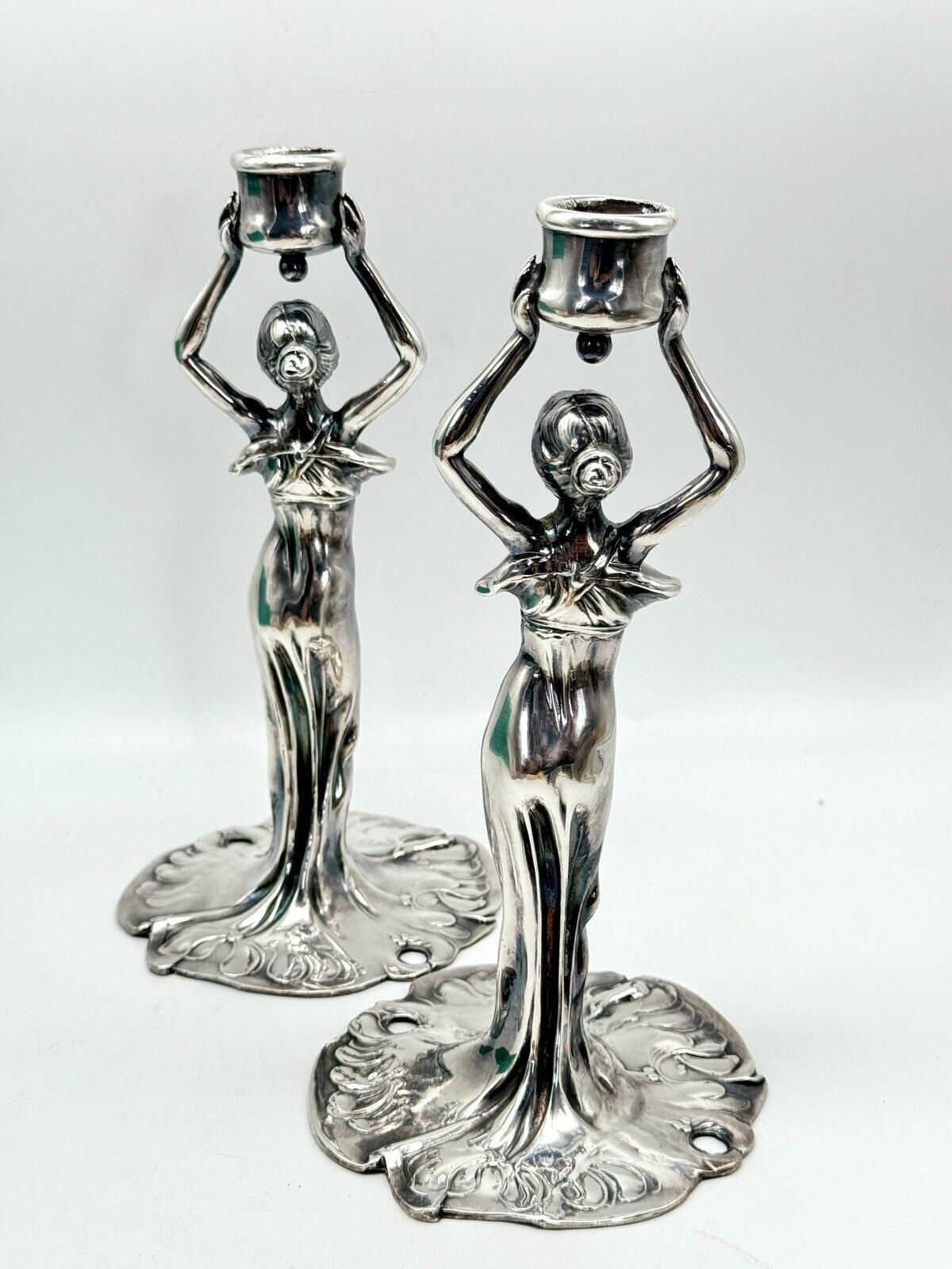 Art Nouveau Style Silver Tone Candle Sticks Ca. 9.5”h Substantial SIGNED J B