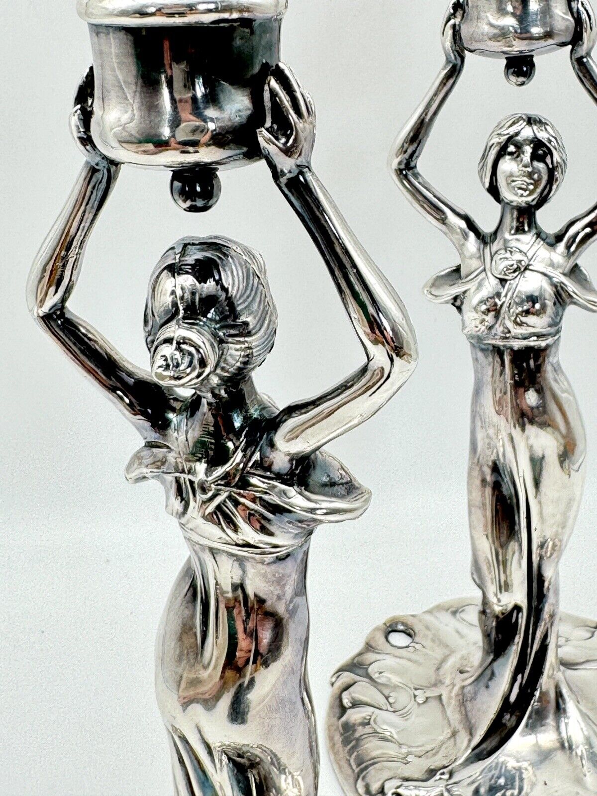 Art Nouveau Style Silver Tone Candle Sticks Ca. 9.5”h Substantial SIGNED J B